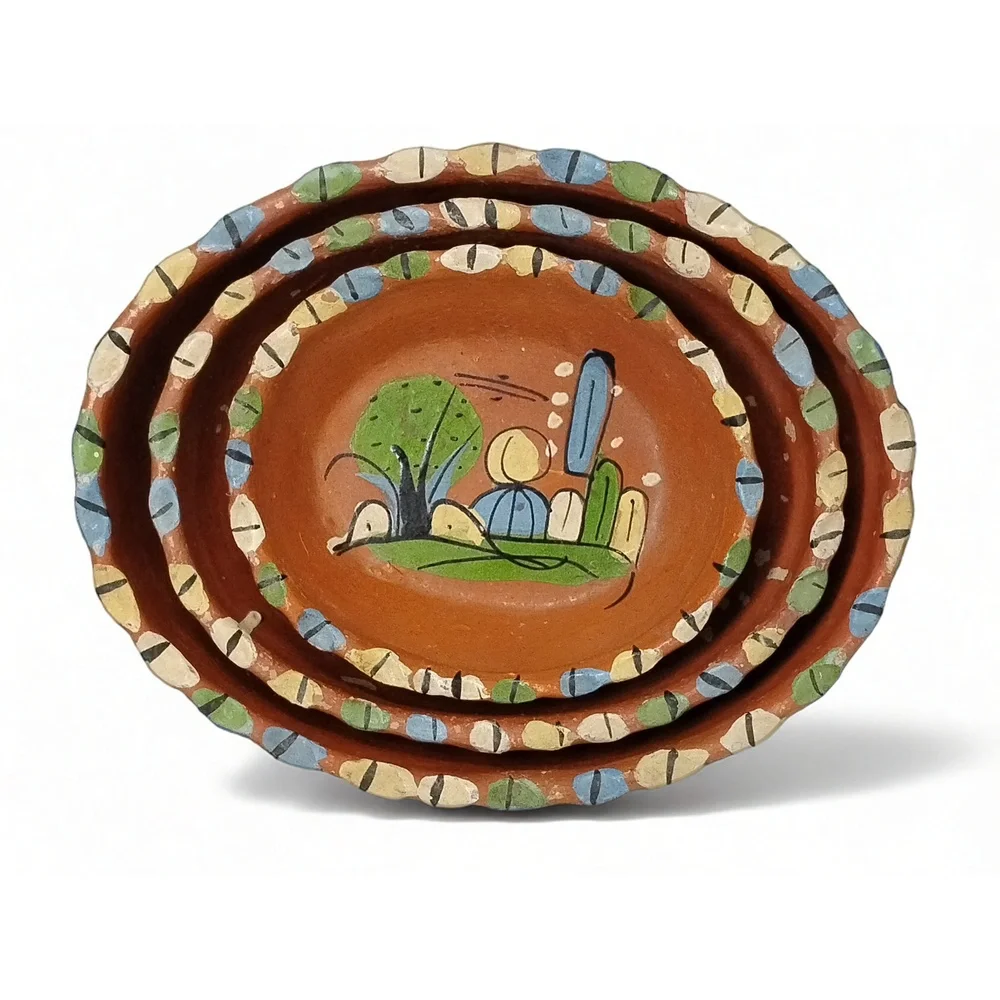 Mexican Redware Nesting Bowls Set 3 Hand Painted Folk Art Terracotta Scalloped